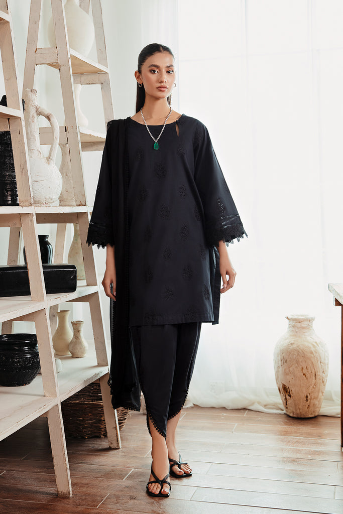 3-Pc Black Embroidered Shirt With Straigth Trouser and Chiffon Dupatta CNP-3-03