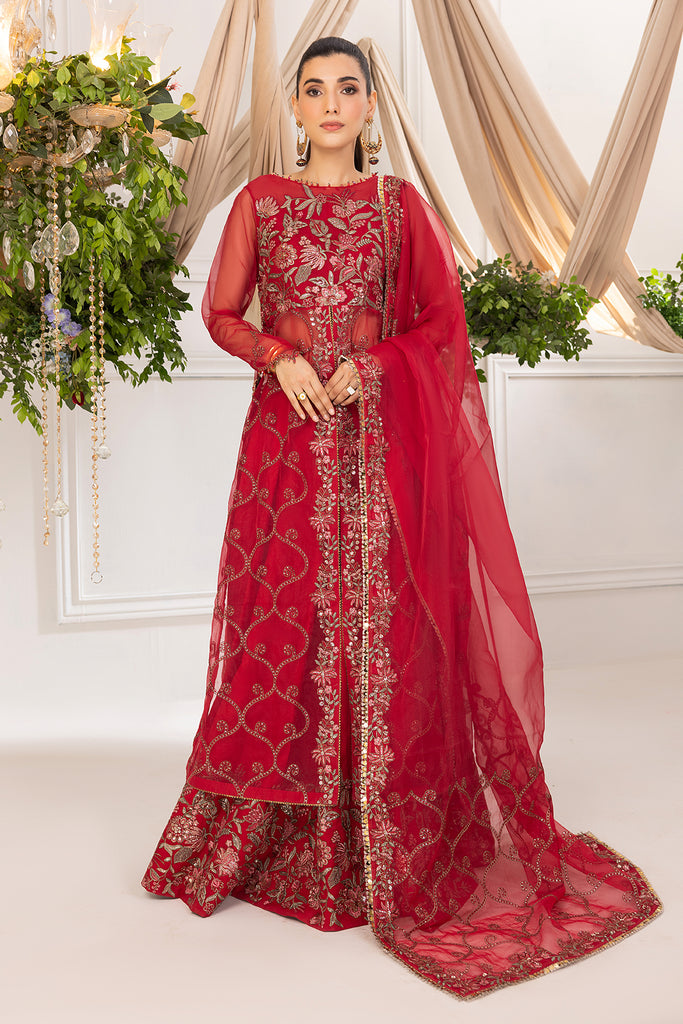 3-Pc Embroidered Organza Gown with Raw-Silk Sharara and Trouser EDP-3-10