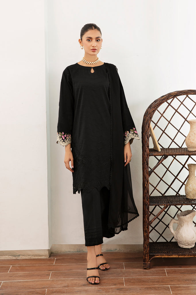 3-Pc Black Embroidered Shirt With Straigth Trouser and Chiffon Dupatta CNP-3-06