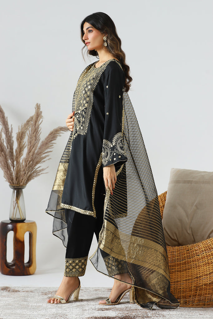 3-PC Embroidered Raw-Silk Shirt with Organza Dupatta and Trouser CMA-3-68