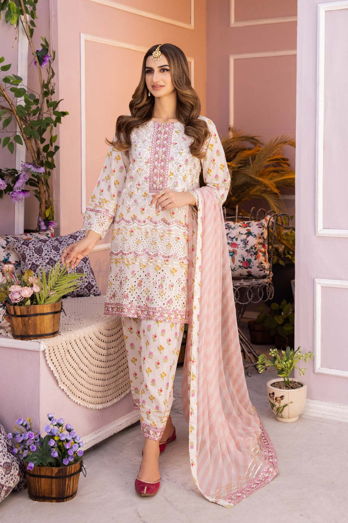 3-Pc Embroidered Lawn Shifli Shirt With Straight Trouser and Chiffon Dupatta EDP23-17