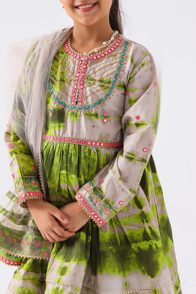 3-Pc Embroidery Shirt with Tulip Shalwar & Net Dupatta  EDK-3-016