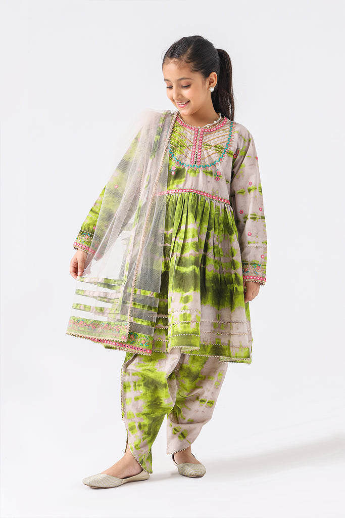 3-Pc Embroidery Shirt with Tulip Shalwar & Net Dupatta  EDK-3-016