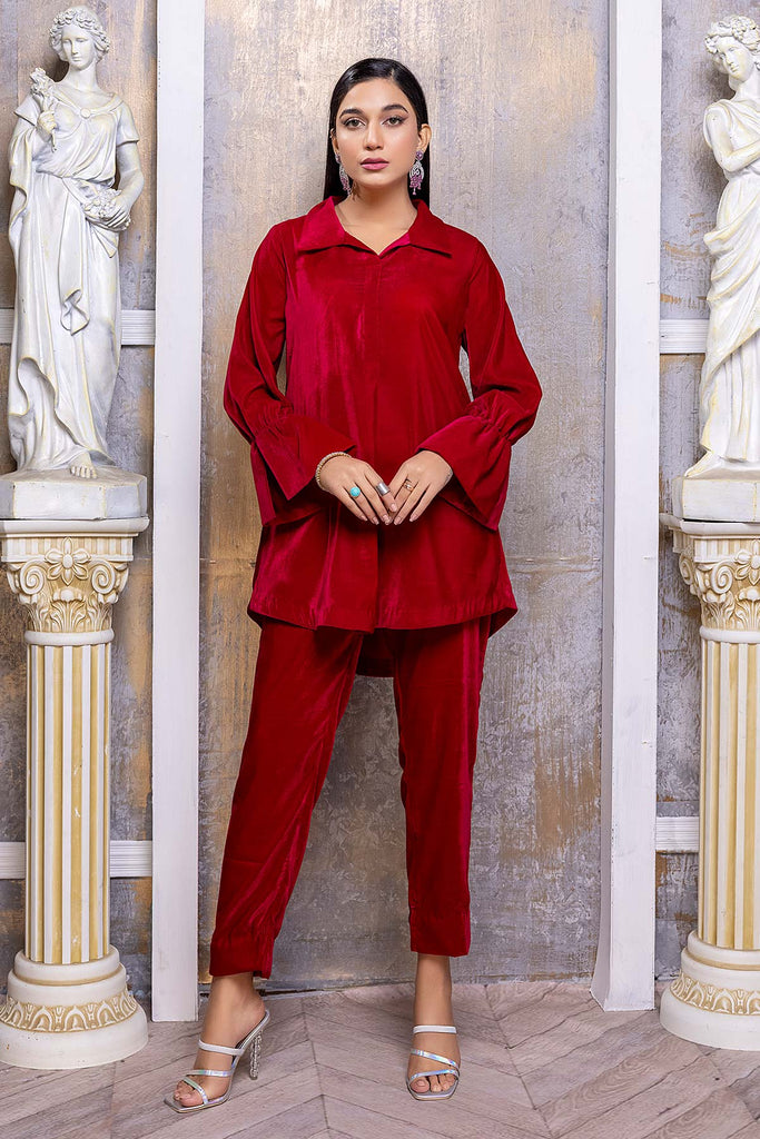 2 Pc Plain Velvet Suit Red VVT21-13