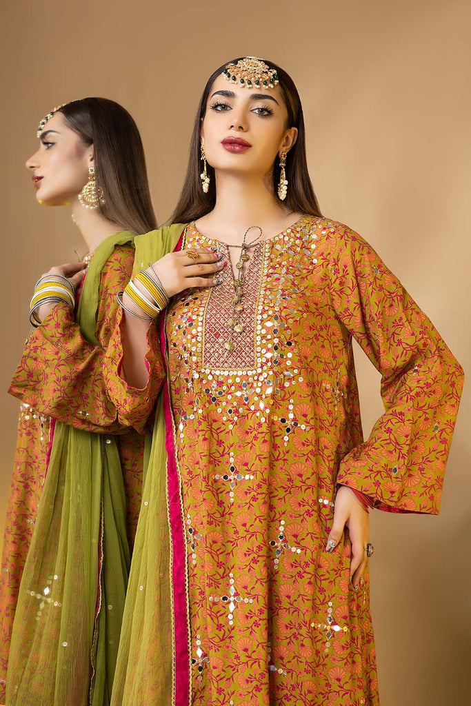 3-Pc Embroidered Printed Shirt With Chifoon Dupatta and Raw Silk Shalwar STM22-11