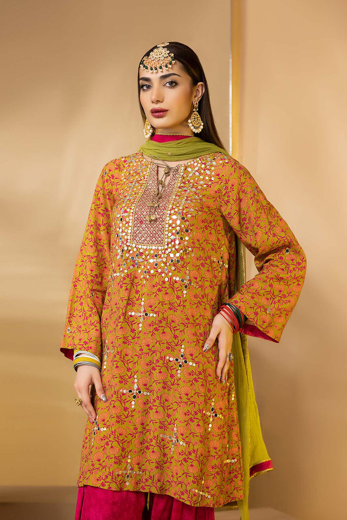3-Pc Embroidered Printed Shirt With Chifoon Dupatta and Raw Silk Shalwar STM22-11