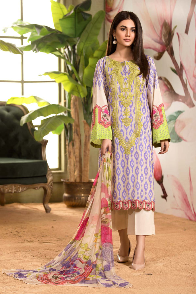 3-piece Unstitched Embroidered Lawn with Chiffon Dupatta CC-07