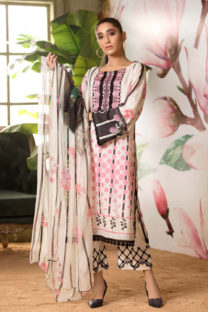 3 Pc Unstitched Embroidered Lawn With Chiffon Dupatta SH-15