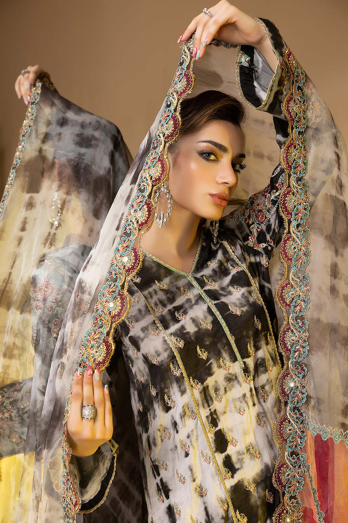 3-Pc Embroidered Printed Raw Silk Shirt With Organza Duppata and Qlot Trouser STM22-14