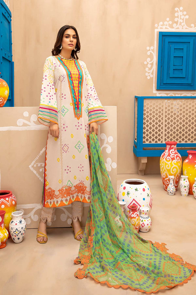 3-piece Unstitched Embroidered Lawn With Chiffon Dupatta CHN-02