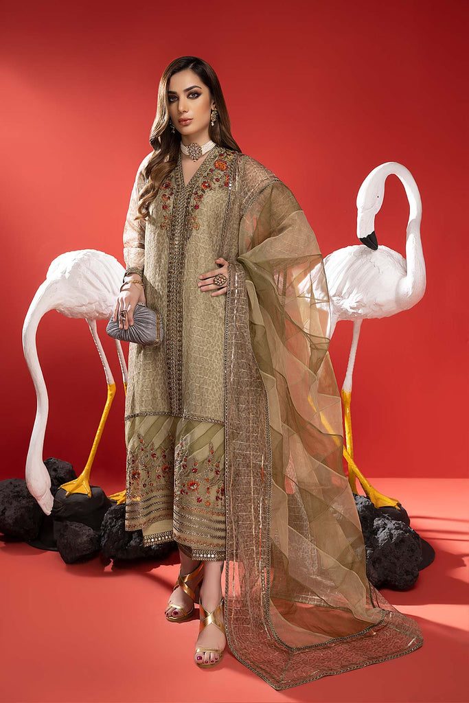 3-Pc Embroidered Long Shirt With Raw Silk Qlot Trouser and Organza Dupatta CMA22-84
