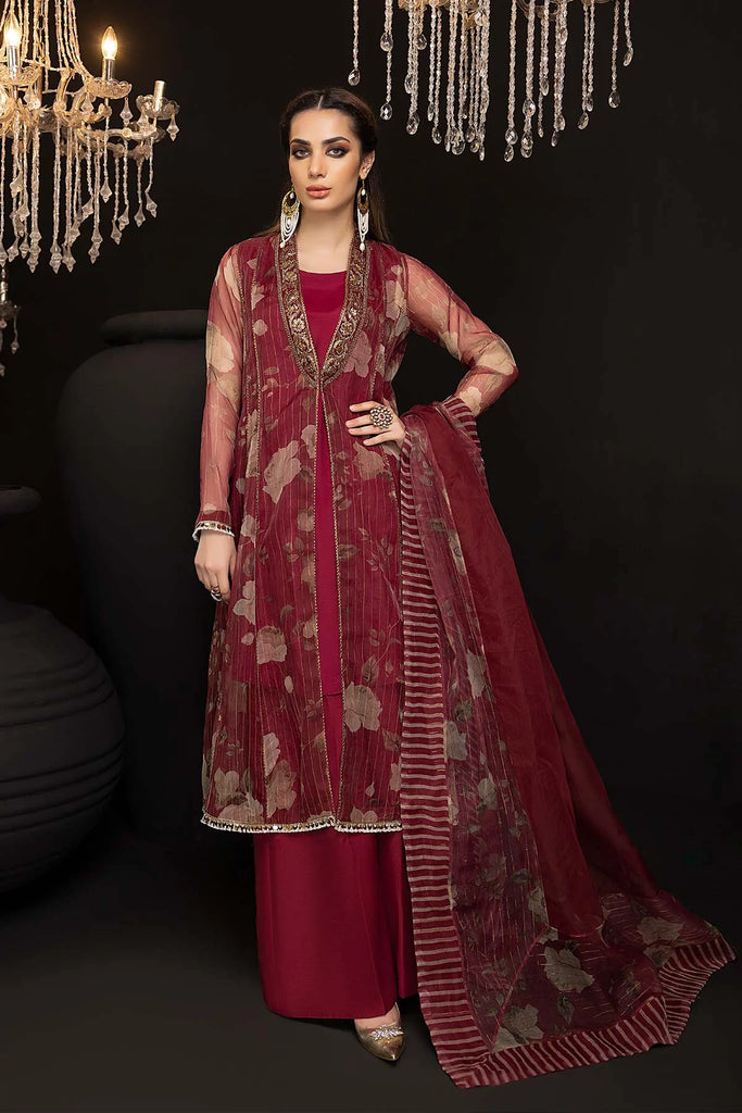 4-Pc Embroidered Open Gown With Raw Silk Qlot Trouser and Organza Dupatta CMA22-86