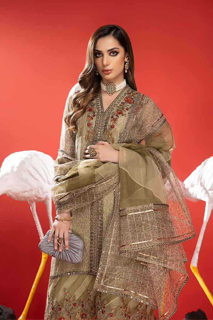 3-Pc Embroidered Long Shirt With Raw Silk Qlot Trouser and Organza Dupatta CMA22-84